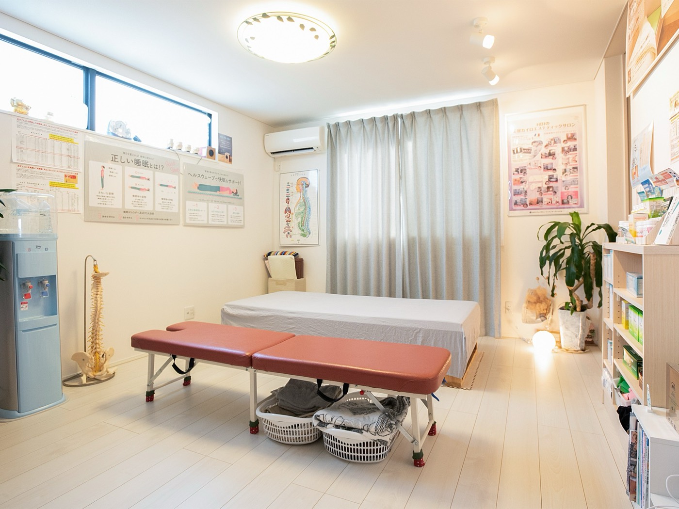 施術ベッドと背骨の模型がある明るいカイロプラクティックのお部屋